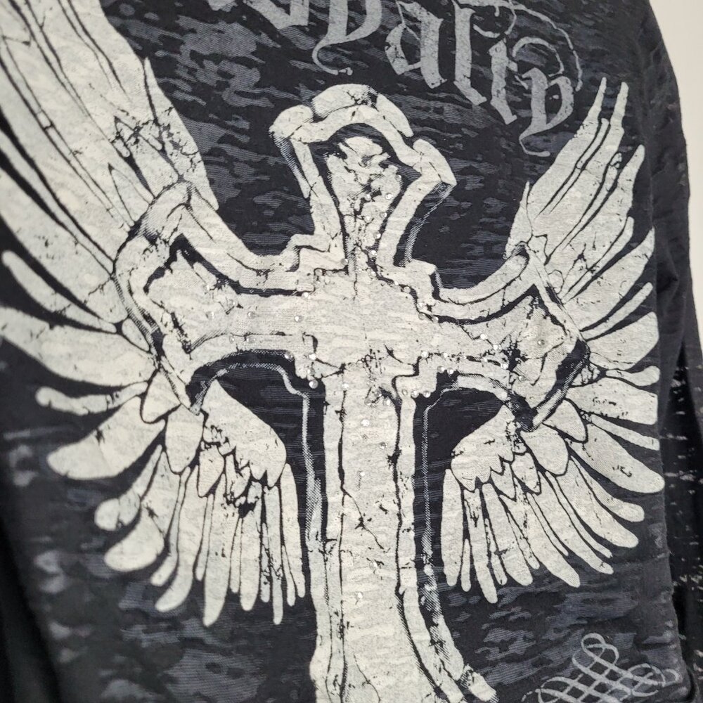 Y2k Cotty On black semi sheer burn out cyber grunge goth wings cross shirt med